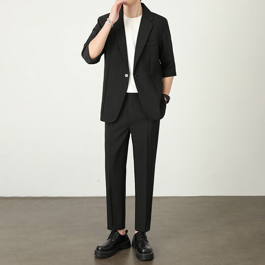 Light and mature style Korean style loose summer thin men's suit two-piece set gray set 3XL