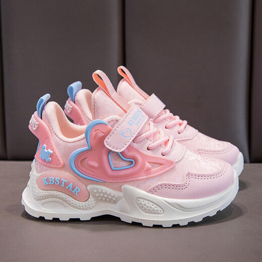 Girls mesh leather sneakers autumn new children's running shoes breathable soft sole little girl casual running shoes 9922 pink leather 36
