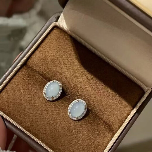 S925 silver blue water jade earrings oval light bulb new Chinese style high-end niche design earrings