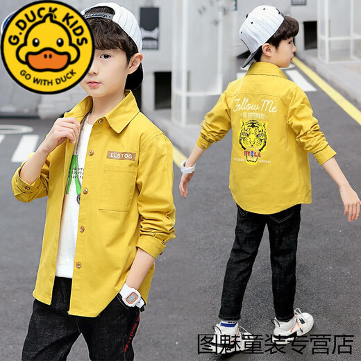 G.duck shirt boys' long-sleeved cotton Korean style trendy and handsome 2023 spring and autumn children's tops medium and large children's shirt jacket navy blue 140 cm