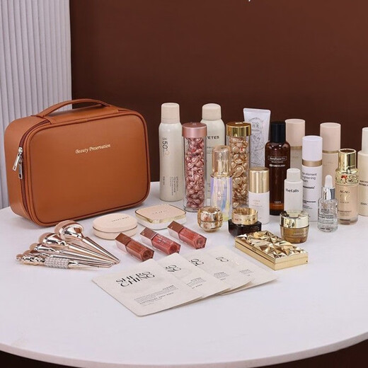 Large-capacity portable cosmetic bag, new PU leather beginner layered multi-layer waterproof cosmetic case, Pu large-capacity double-layer cosmetic bag, milky apricot color