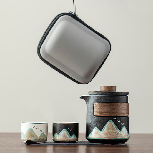 Tangfeng travel tea set, one pot and two cups, outdoor travel portable quick cup, birthday gift for elders, business souvenir, Yahei Qianli Jiangshan quick cup (with filter)