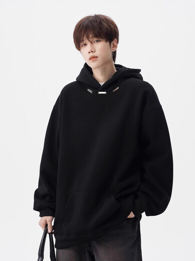 OEMG American heavyweight casual hooded velvet thickened sweatshirt men's autumn and winter coat, loose and versatile, velvet black XL recommended 110-130Jin Jin equals 0.5 kg