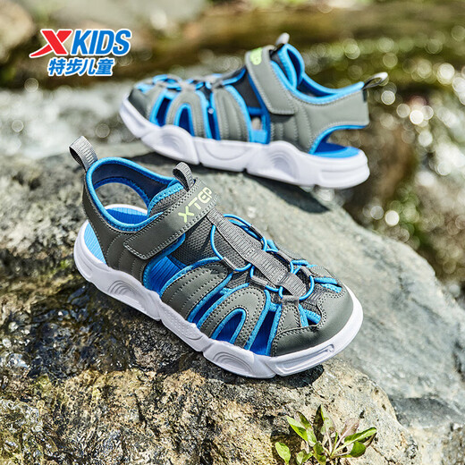XTEP children's shoes, summer deodorant beach shoes, new sandals for boys, lightweight and breathable outdoor casual river shoes, crock gray/Prussian blue 27