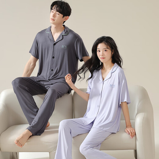 浪莎莫代尔情侣睡衣女春夏季款短袖长裤薄款家居服男女士开衫大码套装 01N12108 M 女款