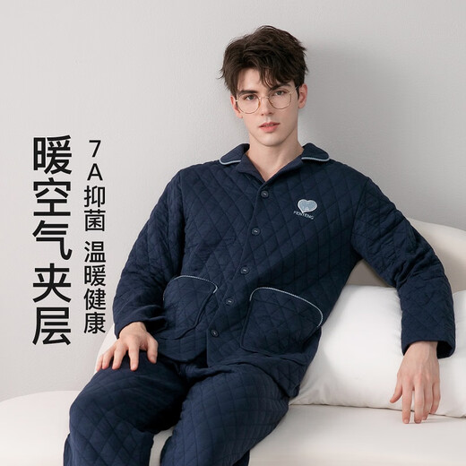 Fenton couple pajamas 7A antibacterial outer layer pure cotton 2025 autumn and winter new warm air sandwich home wear set can be worn outside Sapphire Blue - Men's L