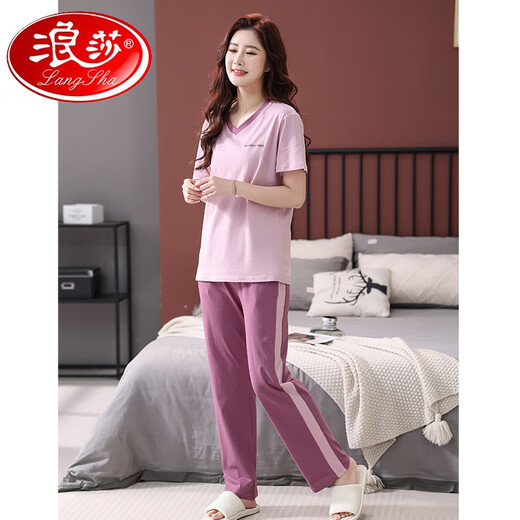 浪莎（LangSha）睡衣女纯棉短袖长裤夏季2025年新款家居服套装休闲舒适简约可外穿 7374豆沙粉 L 100-120斤