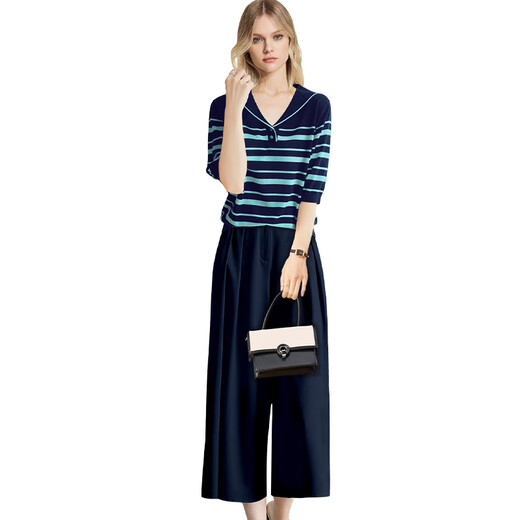 Difelige casual and comfortable striped top suit pants for women in 2025 summer new style age-reducing a complete set of outfits. Picture color L (Picture color shipped before July 18)