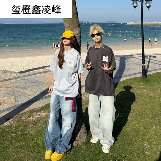 玺橙126KID 美式复古字母贴布刺绣短袖T恤男女夏季国情侣上衣tee玺橙 深灰色 #2691 M