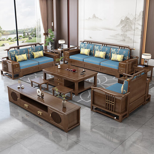 Wenting Yayuan Solid Wood Sofa Living Room New Chinese-style Storage Guifei Fabric Combination Light Luxury Small Apartment Furniture 9906 1+1+3+ Drawer Coffee Table [Storage] Cotton and linen cover