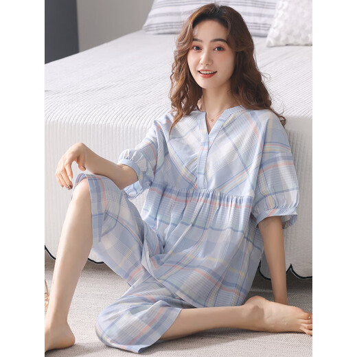 猫人（MiiOW）梭织纯棉睡衣女士夏季薄款短袖七分裤纱布夏天家居服套装开衫 S2--5012黄色(七分裤) M (荐80-100斤)
