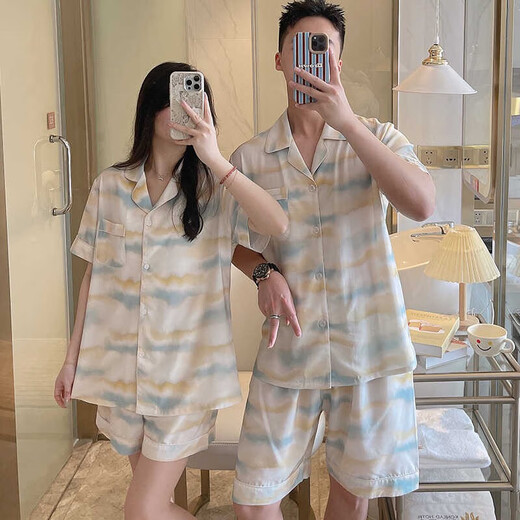 Cardigan couple pajamas women summer air conditioning clothes rayon home clothes cotton silk men can be worn outside short-sleeved cotton silk suit thin 9902 tie-dyed amber XL