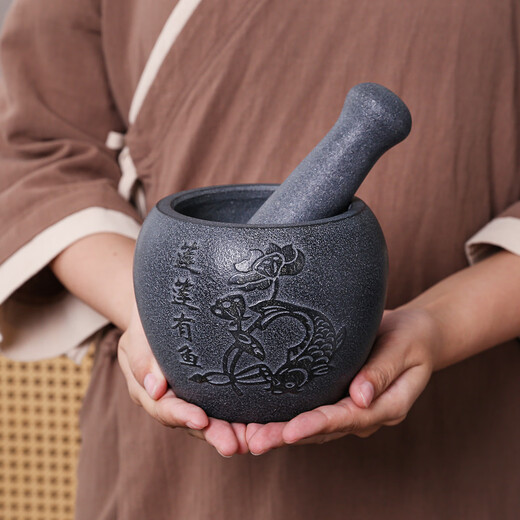 Yi Yuanxuan household natural black gold garlic mortar, stone mortar, medicine jar, stone cup, garlic pounder, pair of wolei bowl, pepper mashing and grinding machine, black gold stone lotus, fish outer diameter 13CM
