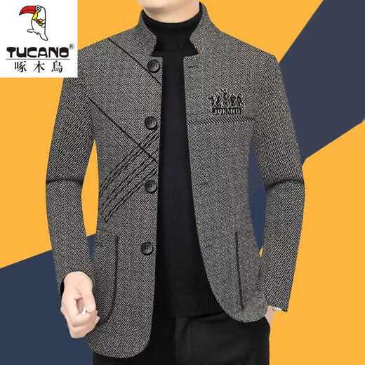 Woodpecker high-end woolen jacket men's coat spring autumn winter stand collar jacket middle-aged men's wool Chinese tunic suit dark gray XL 180/96A recommended 135-155Jin Jin equals 0.5 kg