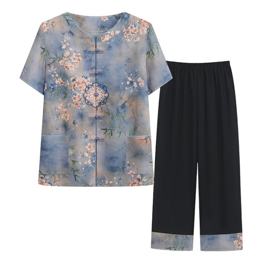 GTYUWVG奶奶装夏季短袖套装中老年人女装衬衫两件套老年人夏装女衣服裤子 6626蓝色两件套 XL 建议85-100斤