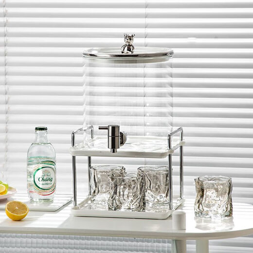 Same style as Atour Hotel, glass cold kettle with faucet, large capacity household fruit tea beverage bucket, 8L silver juice bucket + ceramic shelf + 4 twist cups