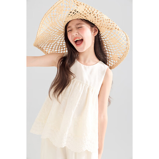 Mucmukn [Summer of Island City] Tians Laceless Sleeveless Vest Shirt Seaside Vacation Wide Legs Girls Summer Pants M52XK3881B Beige 120