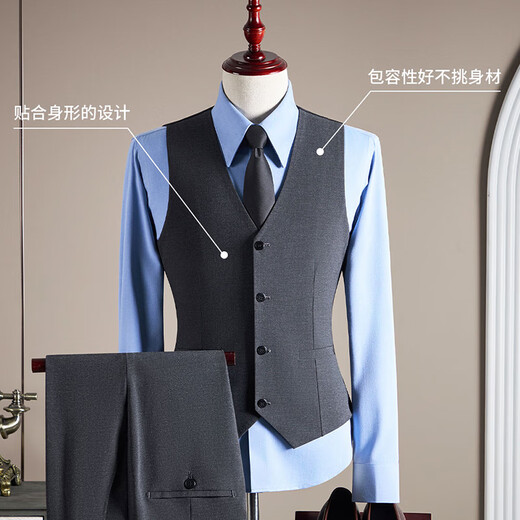 ROMON Suit+Vest+Trousers Suit Men's Business Professional Wedding Dress Jacket Navy Blue 2XL