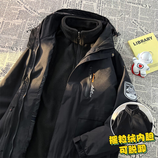 熊司令青少年冲锋衣男学生三合一外套秋冬季加绒加厚可拆卸内胆户外加绒 6198灰色_ 均码 l_