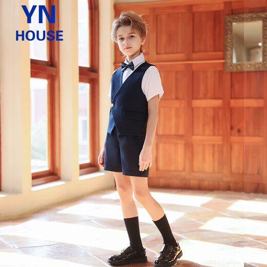 衣诺坊儿童西服套装夏款藏青色花童西服男孩钢琴演出主持人花童礼服西装