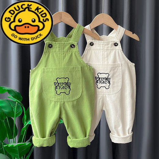 G.DUCKKIDS baby overalls jeans spring and autumn baby boys 3 girls 1-2 years old fashionable autumn clothing pure cotton outer trousers single trousers embroidered bear beige 90 cm