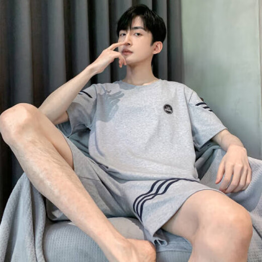 桑琴夏季休闲大码睡衣男短袖大码可外穿青年学生套头居家居服套装 HDE9928【棉】 M