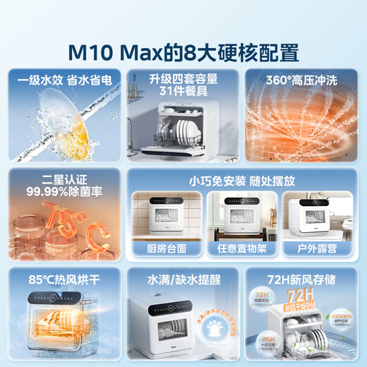 Midea desktop dishwasher M10 Max mini dishwasher 4 sets, newly upgraded 85, hot air drying, first-class water efficiency, fully automatic high temperature sterilization, double-layer bowl basket, no installation required on the table, no installation required on the desktop, removable, small kitchen, preferred for renting