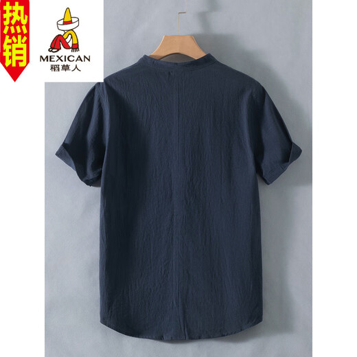 Scarecrow (MEXICAN) Henry collar linen short-sleeved shirt men's collarless men's cotton and linen shirt t-shirt top polo shirt summer Chinese style RC210 black M