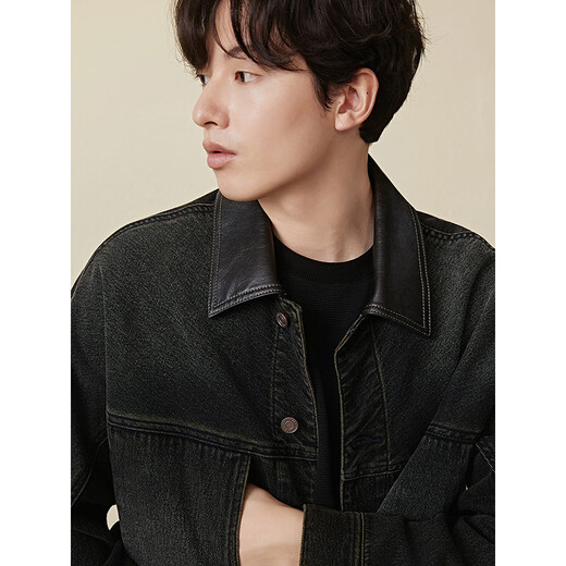 GXG Men's Barn Style Collar Spliced PU Denim Jacket Men's Loose Retro Black Brown 175/L