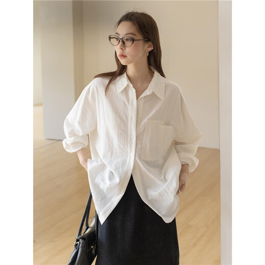 Yipinyuan New Solid Color Simple Lapel Shirt Women's Autumn 2025 New Casual Big Pocket Drape Long Sleeve Top Shirt White L 111-130Jin Jin equals 0.5 kg