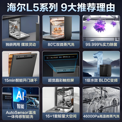 Haier's new dishwasher, large 16 sets of independent built-in dual-purpose L5 fully automatic frequency conversion triple spray 720 high-pressure flushing, disinfection, sterilization and drying, upper and lower independent zone washing, 20% subsidy, ready stock | 16+1 sets of independent built-in dual-use | L5