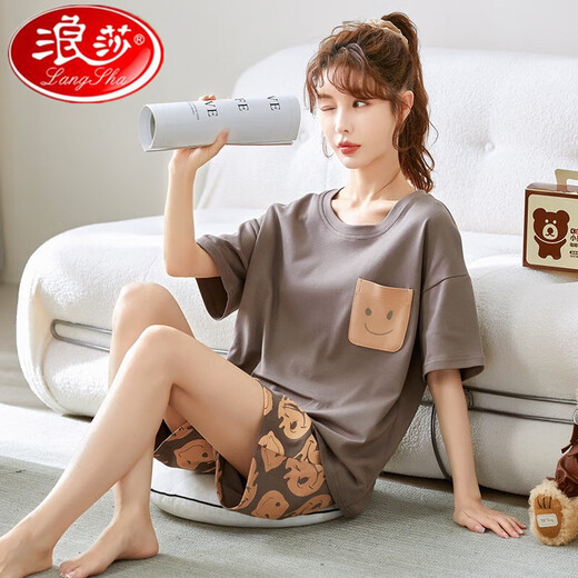 浪莎睡衣女夏季纯棉薄款可爱韩版学生短袖两件套装春秋宽松夏天家居服 栗色GXT6636图色 M码(建议75-95斤) 均码