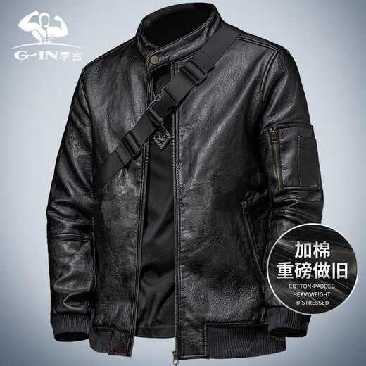 Ji Yan Autumn Men's 2025 New Leather Jacket Stand Collar Cotton Thickened Warm American Retro Motorcycle Leather Jacket Men Black M (Suitable for 100-115 Jin Jin equals 0.5 kg)