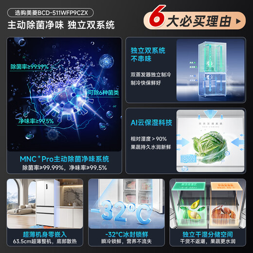 Meiling MNC+ Deodorization Upgraded Active Sterilization 511L Dual System Zero Embedded Refrigerator French Style No MSG Control Fresh Storage BCD-511WFP9CZX511L Snowy White