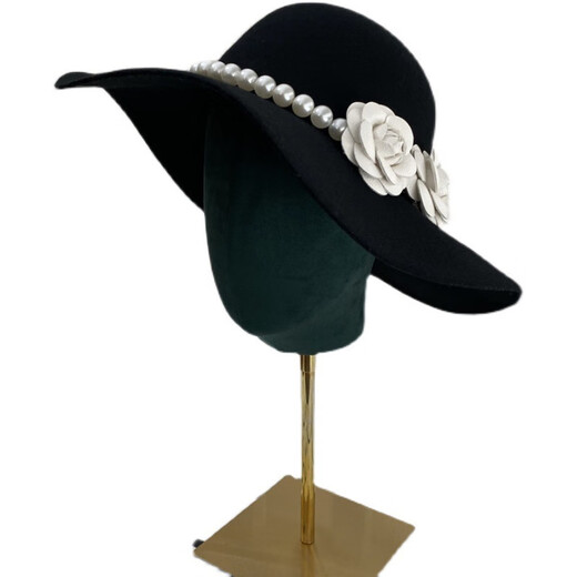 Gisela Hepburn style hat French black big brimmed hat Elegant retro Hepburn style British pearl big brimmed hat Model basic same style (suede) diameter 40cm S (54-58cm)