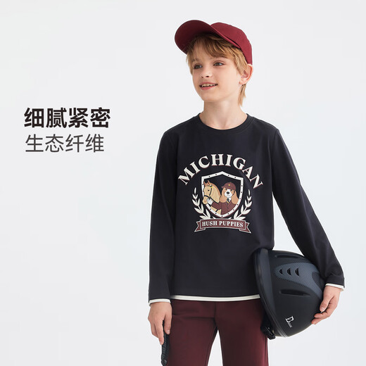 Hush Puppies children's clothing for boys and girls autumn new style comfortable and versatile cartoon print classic long-sleeved crew neck shirt navy blue 130 cm