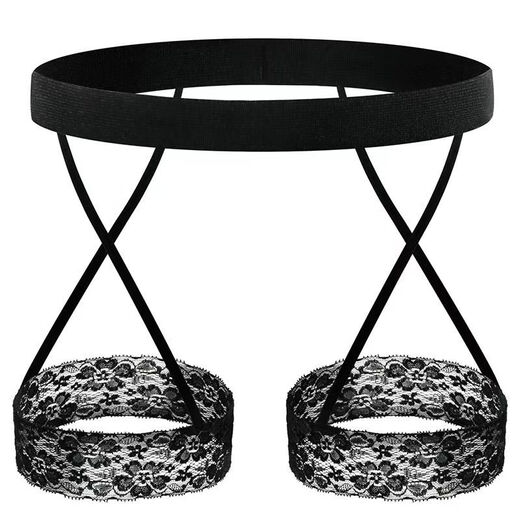 Renduo Men's Men's Low Waist Underwear Lace Garter Thong Sexy Hollow Transparent Open Crotch Free Temptation Black G402 One Size