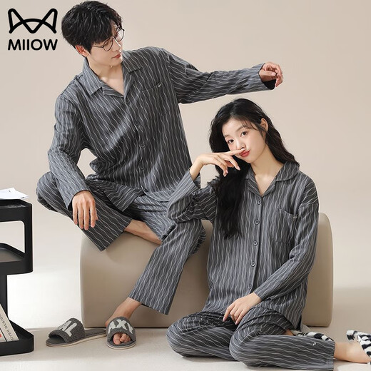 MiiOW spring and autumn cardigan lapel couple pajamas for men and women pure cotton long-sleeved trousers loose casual can be worn outside home clothes suit AM female 34843 male 34844 XL female