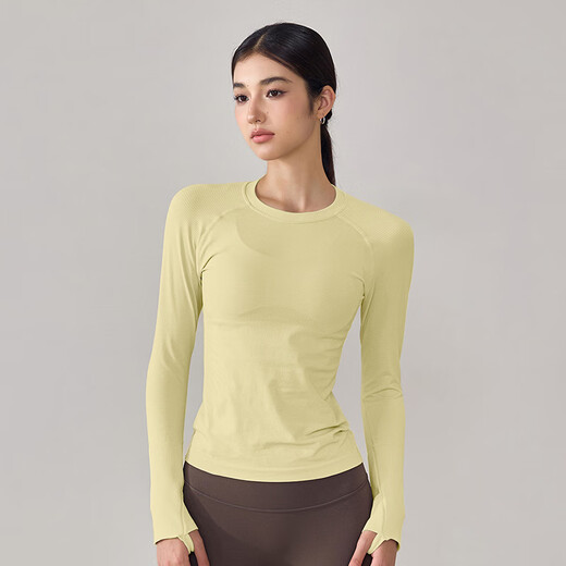 LULULMCCTN High Elastic Fitness Top Women's Slim Fit Running Pilates Professional Training Sports Bottoming Long Sleeve T-Shirt Yellow XL