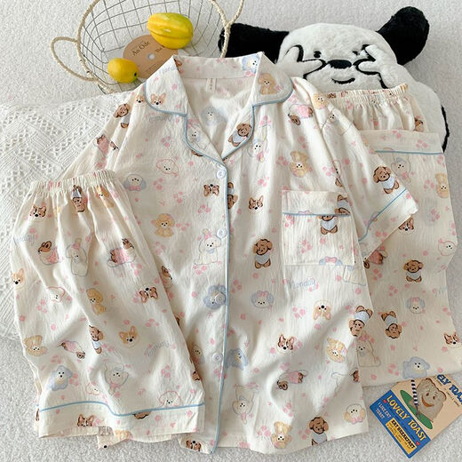 Arctic Velvet Drei-teilige Pyjamas für Frauen in der Sommerwolke Baumwolle kurzärmelige Hosen Wolken Baumwolle Niedliche Welpe-Ins-Stil Frühling und Sommer-Heimkleidung Z9905 m [80-100jin [Jin entspricht 0,5 kg]]