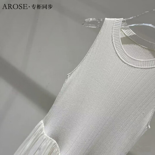 柜同步夏新款圆领无袖针织拼接长款连衣裙气质白色裙子 奶油米无袖针织裙9898 S