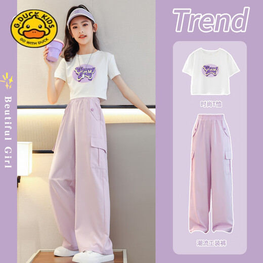 G.duck小黄鸭女童夏装套装儿童短袖阔腿裤网红洋气夏季女大童运动童装 9922白色+15029粉紫色 120 cm