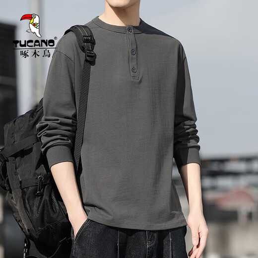 Woodpecker men's sweatshirt 2025 new spring and autumn long-sleeved T-shirt men's high-end heavyweight cotton Henry collar bottoming shirt men's gray L
