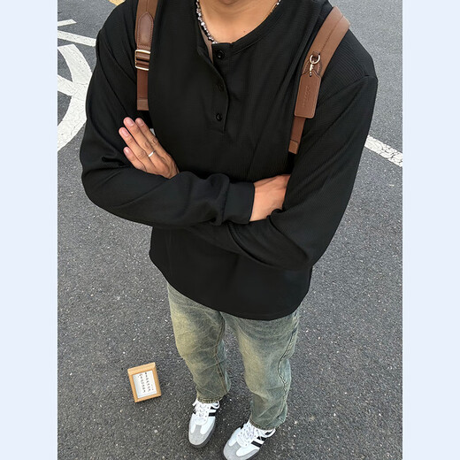 Pierre Cardin (pierre cardin) black American Henry collar sweatshirt men's summer waffle long-sleeved T-shirt is cool and handsome inner layering shirt black M 105-120Jin Jin is equal to 0.5 kg