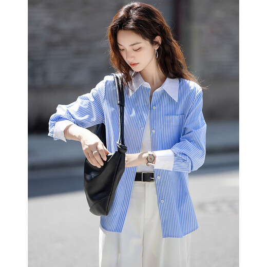 Demana Salt Intelligentsia Spring and Autumn Intelligent Stripe Contrast Color Lapel Long Sleeve Shirt Covering Flesh Shirt Women's Top
