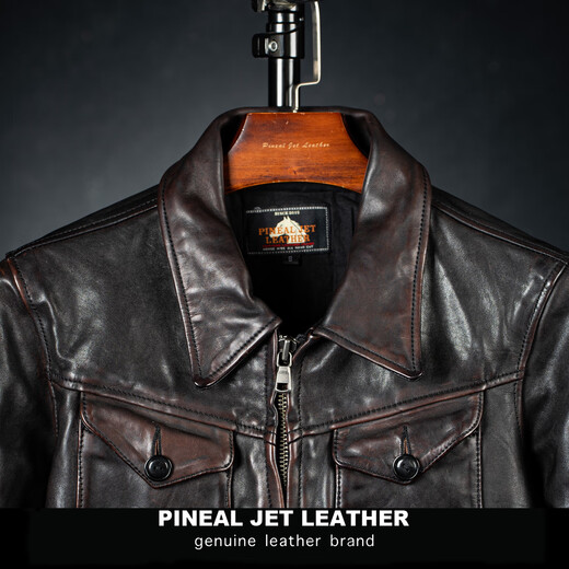 PINEAL JET LEATHERPJL Men's Classic Short American Retro Distressed Western Lapel Slim Horsehide Mendoza Leather Jacket Black Black Tea M (130Jin Jin is equal to less than 0.5kg)
