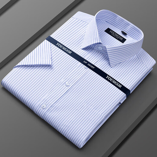 Camisa oficial de Yager Store Store Oficial de manga corta 2025 Summer de hombres New Business Casual Reta profesional sin planchar y Anti-Wrinking White [Blue and White Star] DX6630 38 100-120