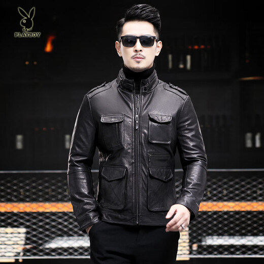 Playboy (PLAYBOY) 2025 Autumn and Winter New Haining Hunting Suit Genuine Leather Jacket Men's Motorcycle Jacket Thin Slim Fit Work Jacket Black XL / 130 150Jin Jin is equal to 0.5 kg