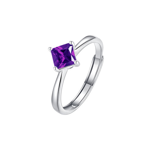 Timebetter natural amethyst 925 silver ring niche high-end deep romantic diamond-shaped women's ring light luxury gift certificate engraving natural amethyst ring / main stone single side length about 5mm open ring