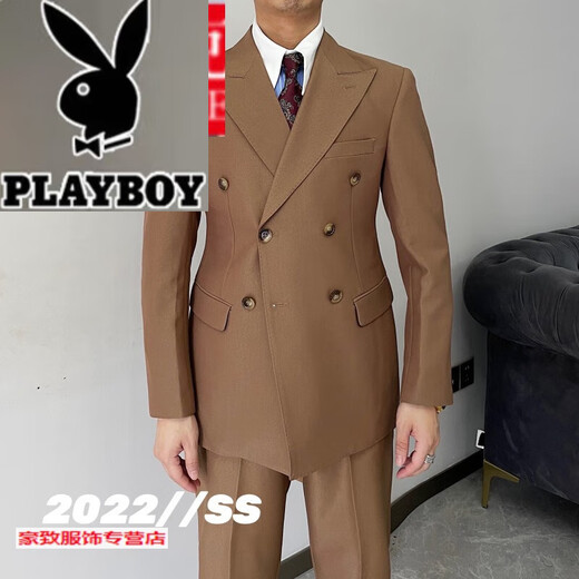 Playboy (PLAYBOY) British retro men's gentleman's slim double-breasted suit suit Korean style fashionable business formal suit two-piece suit black XL suit + pants